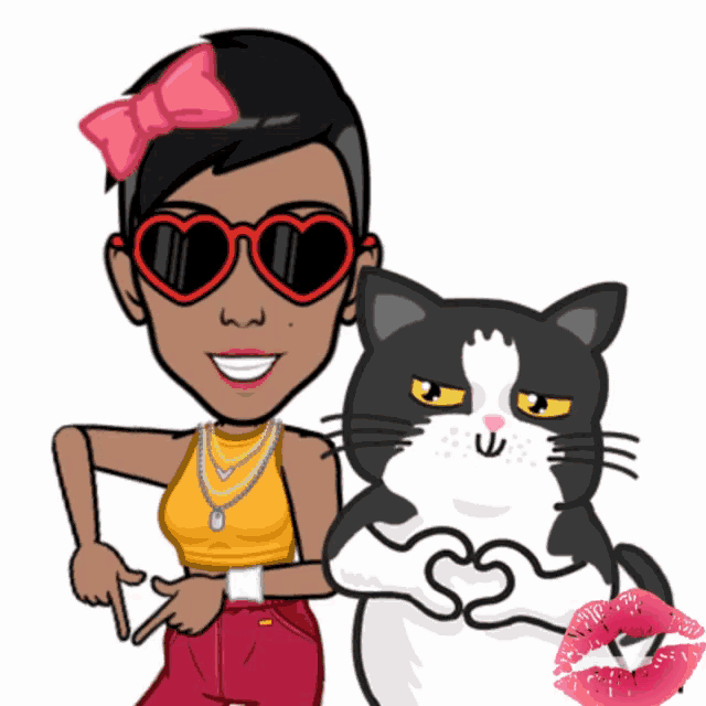 a woman wearing heart shaped sunglasses holds a cat