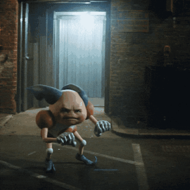 a cartoon character is standing in a dark alleyway with a brick wall