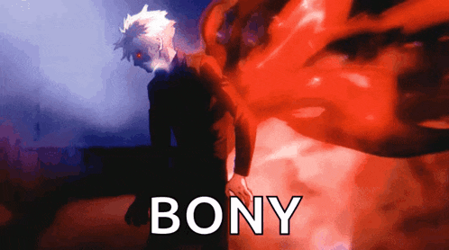 a man with red eyes and the word bony in white letters