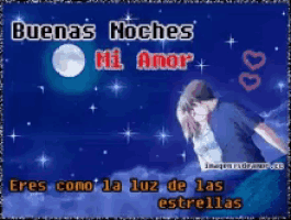 a couple kissing under a full moon with the words buenas noches mi amor on the bottom