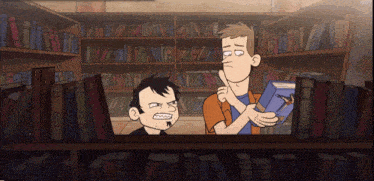 a cartoon of two men in a library with one holding a book that says ' i 'm sorry ' on it