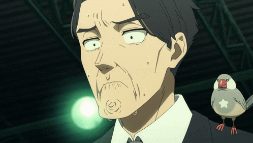 a man in a suit has a bird on his shoulder with a star on its head