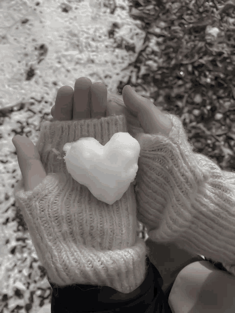 a person wearing mittens holds a heart shaped snowball in their hands