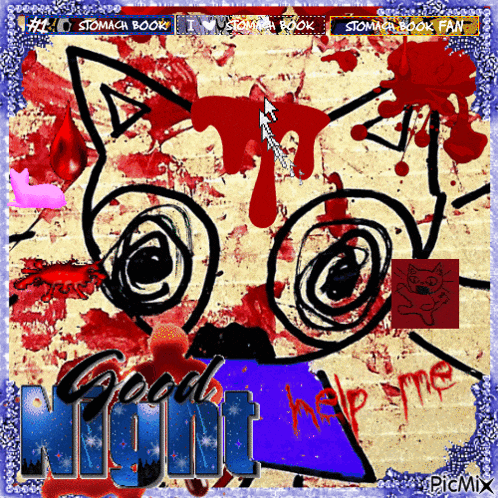 a drawing of a cat with blood coming out of its eyes and the words " good night " below it