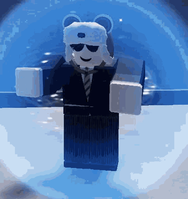 a roblox character wearing a suit and tie is standing in front of a blue sphere .