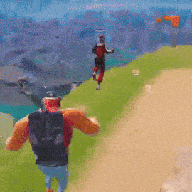 a cartoon character with a backpack is running down a dirt path