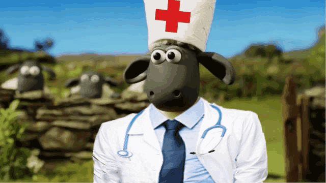 a cartoon sheep wearing a doctor 's hat with a red cross