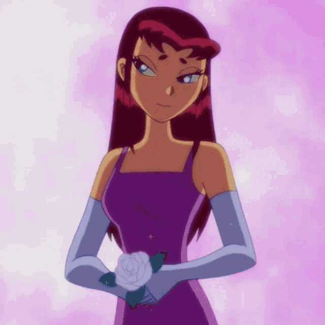 a cartoon girl in a purple dress and white gloves