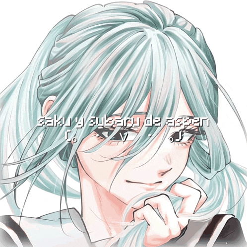 a drawing of a girl with white hair and the words " saku y subaru de aster " on the bottom