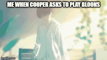 a man sitting on a bench with the words me when cooper asks to play bloons on the bottom
