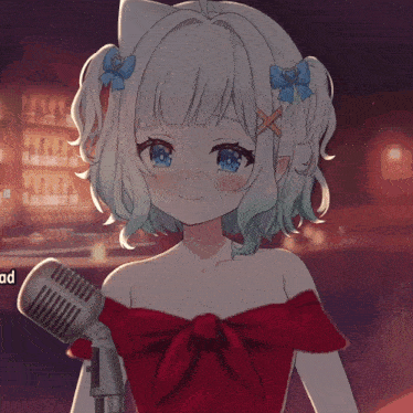 a girl with white hair and blue eyes is standing in front of a microphone