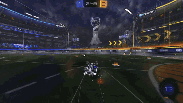 a rocket league game is being played with a score of 1 to 0