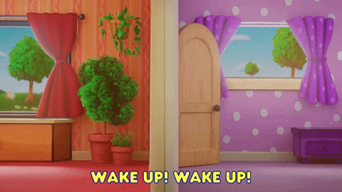 a cartoon scene with the words wake up wake up in yellow letters