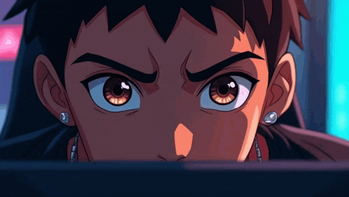 a close up of a cartoon character 's eyes with a serious look on his face
