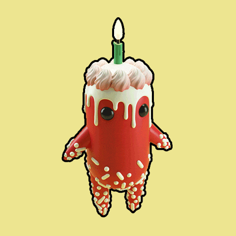 a cartoon character with a candle on top of it