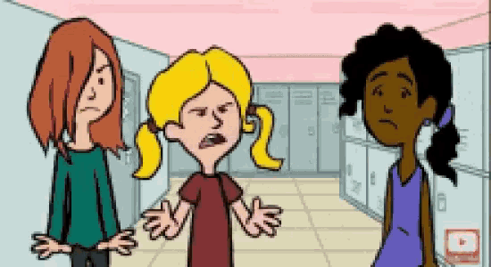three cartoon girls are standing in a hallway with lockers .