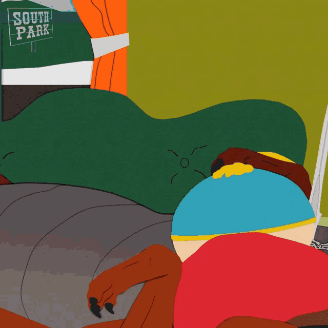a south park character holding a sword in front of a window