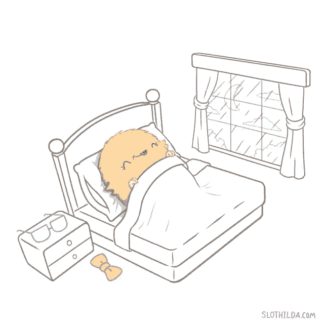 a drawing of a lion sleeping in a bed with slothilda.com at the bottom
