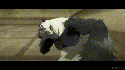 a black and white panda bear with purple eyes is standing on a brick floor .