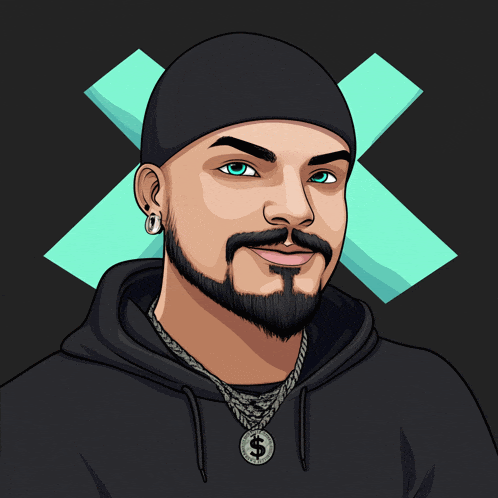 a man with a beard wearing a black hoodie and a dollar sign necklace