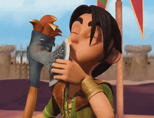 a cartoon character blowing a horn with a sword in his hand