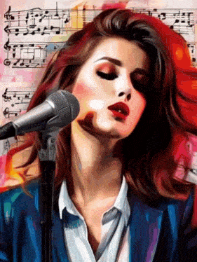 a woman singing into a microphone with music notes in the background