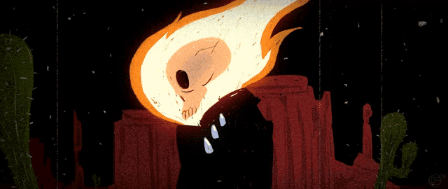 a drawing of a skull with a fire coming out of it 's head