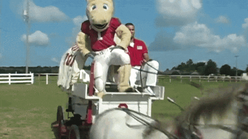 a mascot is riding on the back of a horse drawn carriage in a field