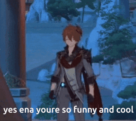 a man in a video game is standing in front of a building and says yes ena youre so funny and cool .