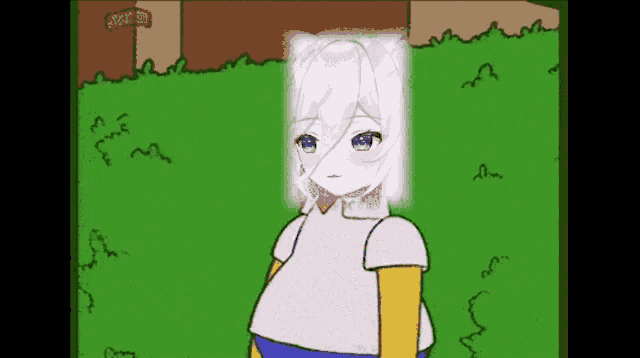 a cartoon girl with white hair and blue eyes is standing in the grass