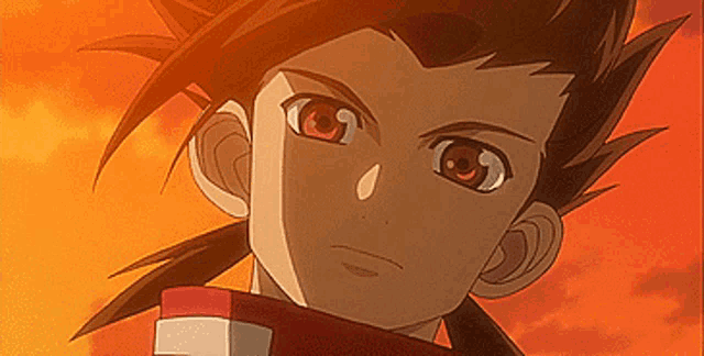 a close up of a cartoon character 's face with a sunset in the background