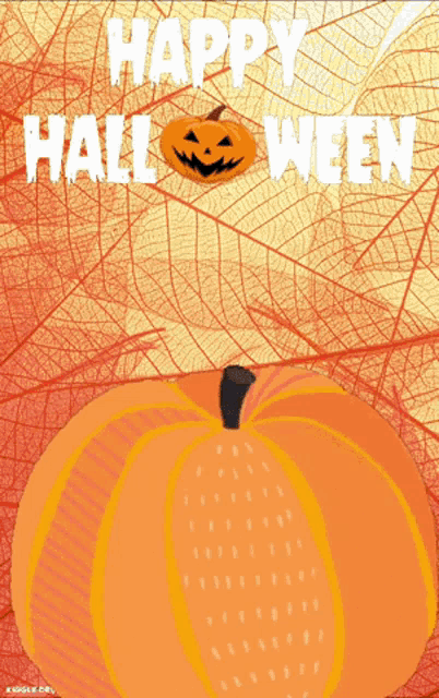 a happy halloween poster with a pumpkin and leaves in the background