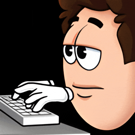a cartoon character with big eyes is typing on a computer keyboard