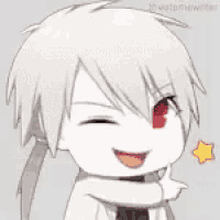 a close up of a chibi character with red eyes .