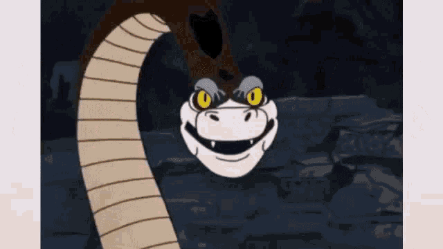 a cartoon snake with yellow eyes is smiling in a dark cave