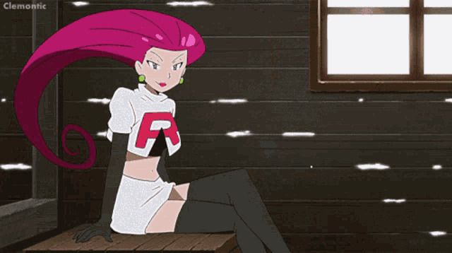 a cartoon character with a red letter r on her shirt