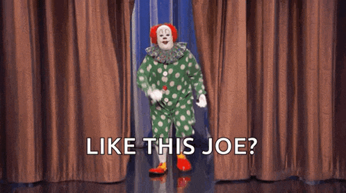 a clown in a green and white polka dot outfit is dancing with the words like this joe behind him