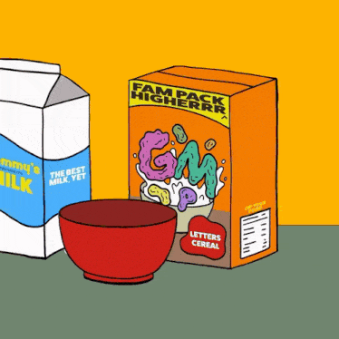 a box of gum cereal sits next to a carton of milk and a bowl