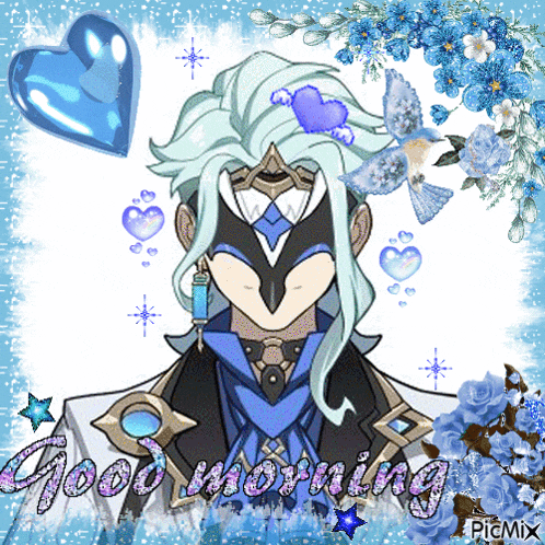 a picture of a man with a mask and the words good morning on the bottom