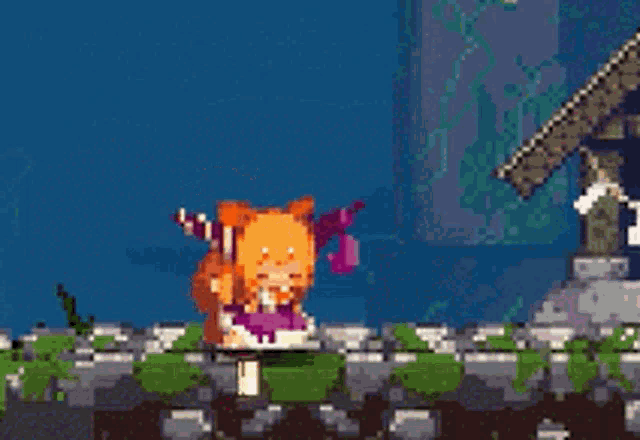 a pixel art of a girl in a purple dress jumping in the air .