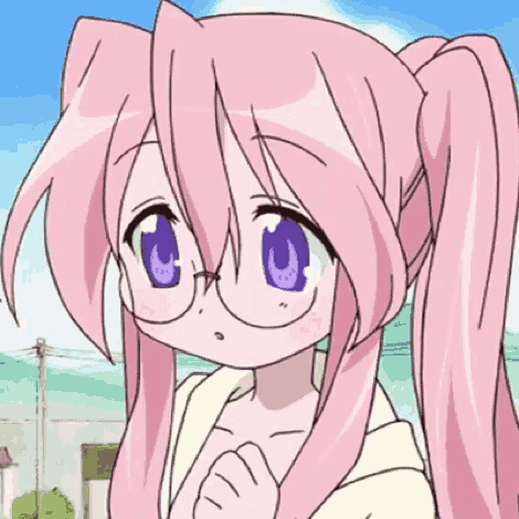 a cartoon girl with pink hair and glasses looks at the camera