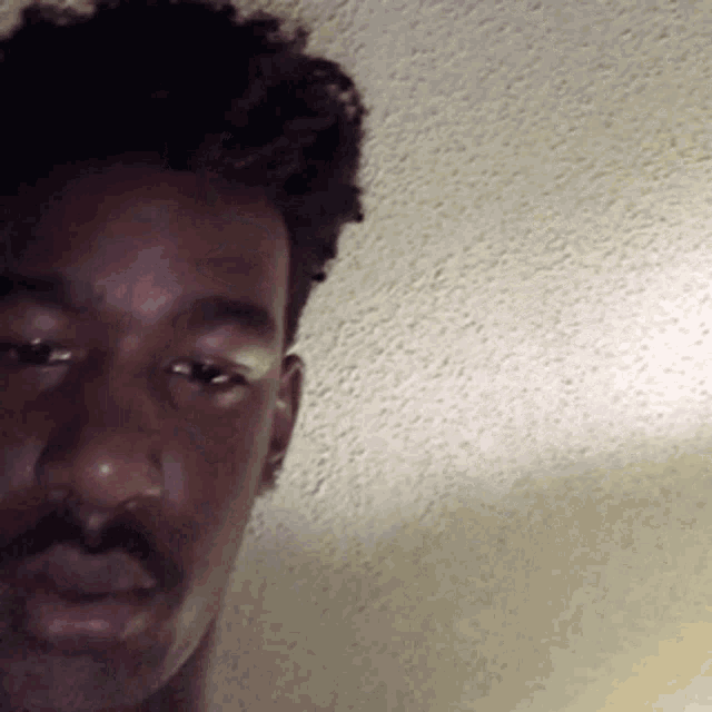a man with a mustache is standing in front of a wall and looking at the camera .