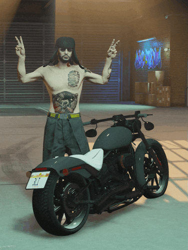 a man with a tattoo on his chest is standing next to a motorcycle with a license plate that says 31