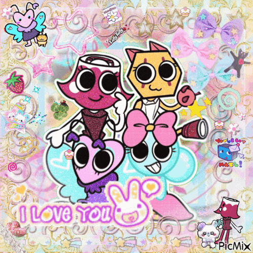 a picture of three cartoon characters with the words " i love you " on the bottom
