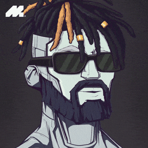 a cartoon drawing of a man with dreadlocks and glasses
