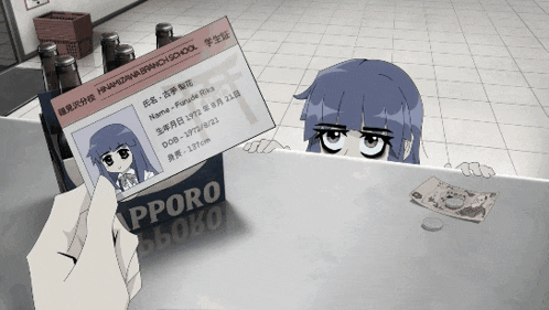 a cartoon girl is holding a id card that says ' apporo ' on it