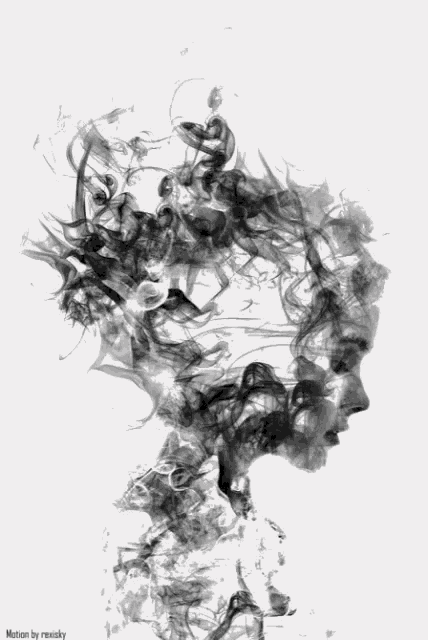 a black and white drawing of a woman 's face with the words motion by rexsky below it