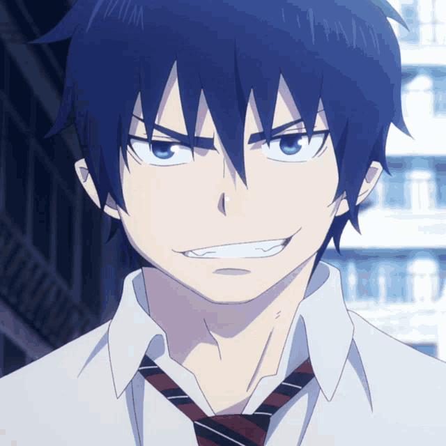 a blue haired anime character with a white shirt and a red tie