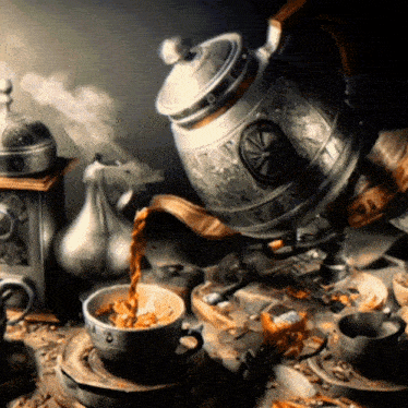 a teapot pouring tea into a cup on a table