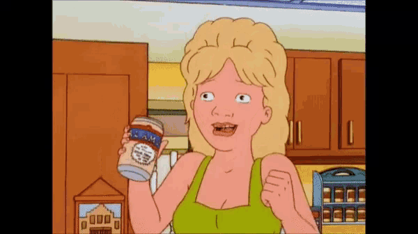 a cartoon of a woman holding a jar of clam sauce